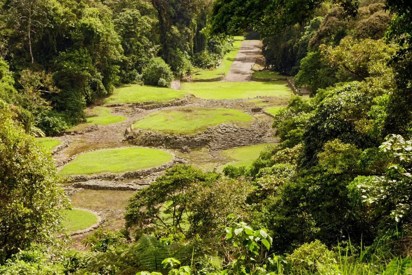 Montículos y calzadas de piedra del Monumento Nacional Guayabo rodeados de bosque